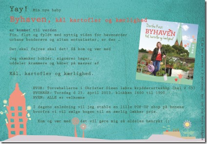 Invitation til bog-release-party Byhaven, Kål, kartofler og kærlighed